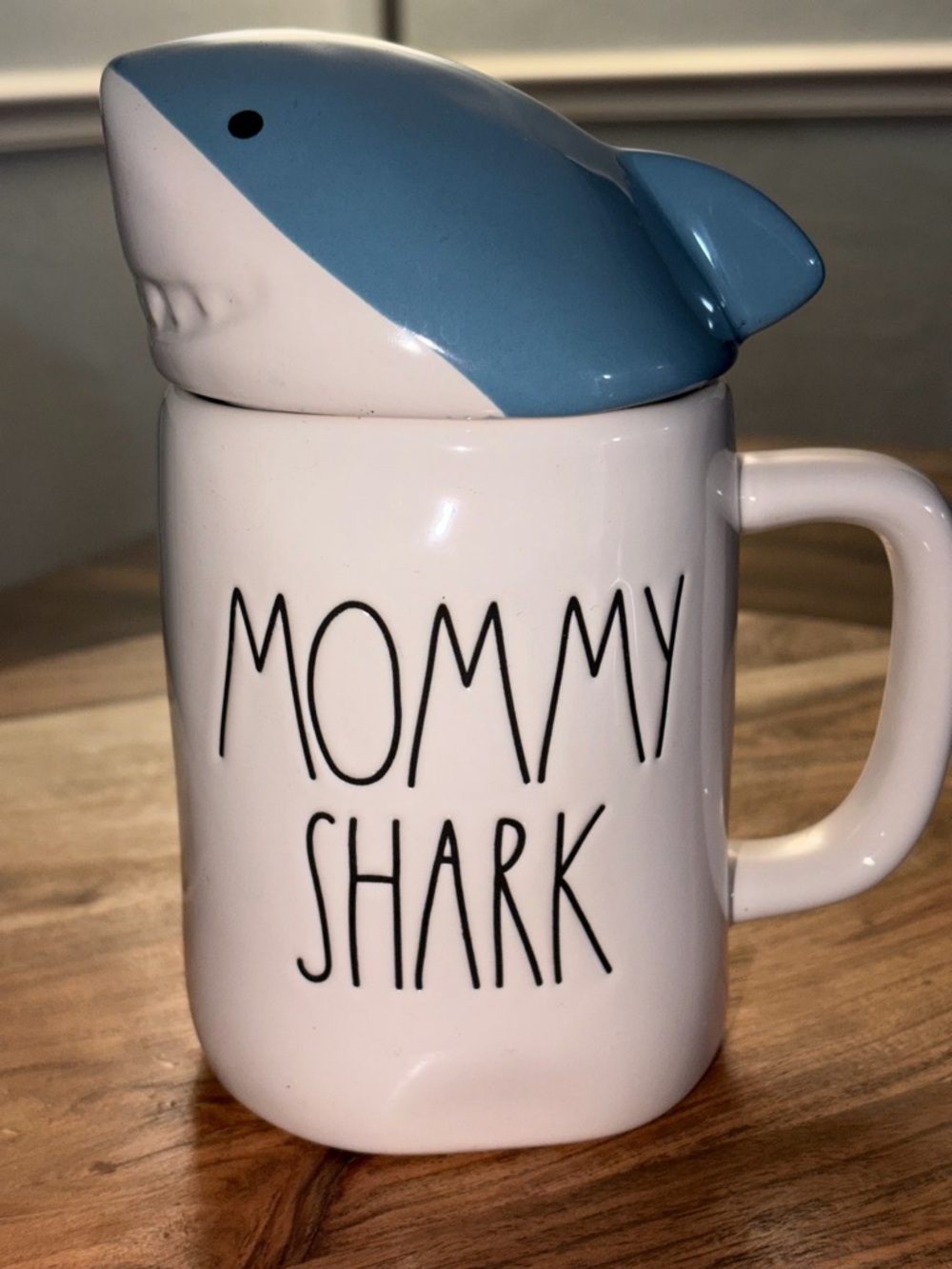 Rae Dunn Mommy Shark Mug with Blue Shark Topper